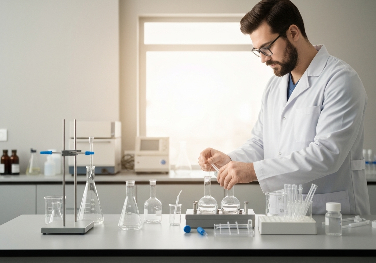 Scientist in fertility lab setup