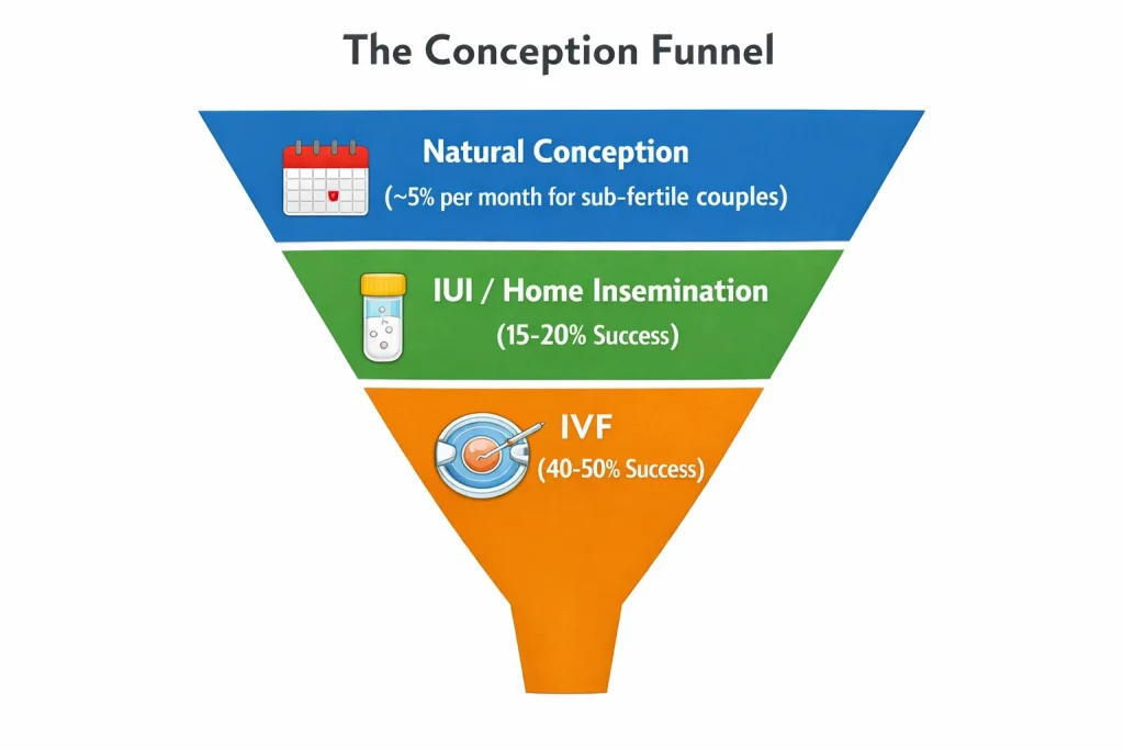 Comparison of success rates: Natural Conception vs IUI vs IVF in India.