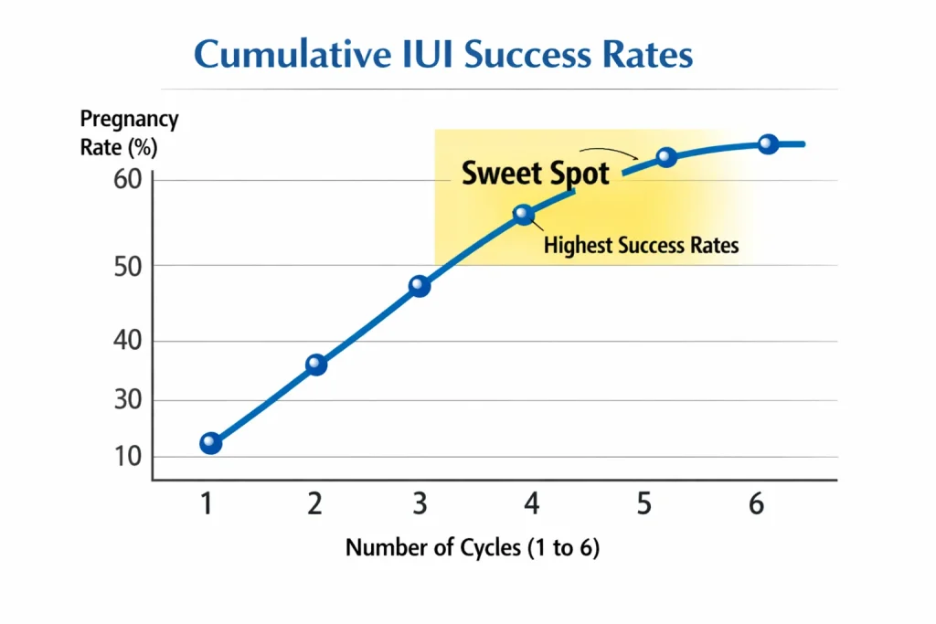 Cumulative IUI Success Rate graph showing percentage increase over 3 to 6 cycles.