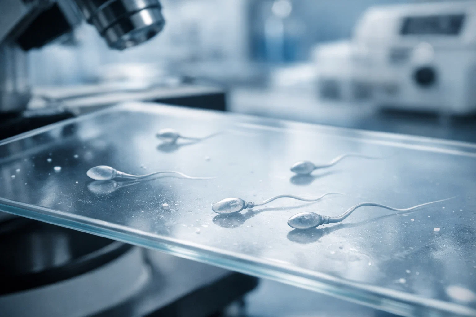 Microscopic view of sperm cells and medical diagnostics for oligospermia in a fertility lab