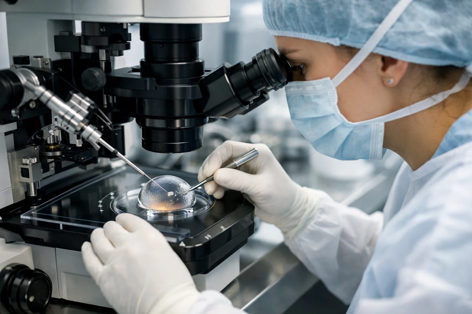 Advanced Fertility Treatments: IVF & ICSI Lab technician performing ICSI procedure for severe male infertility