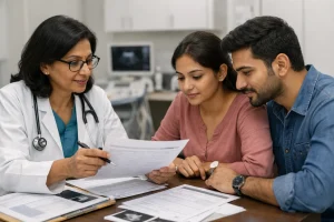 Doctor reviewing Fertility Clinic Hospital Registration documents