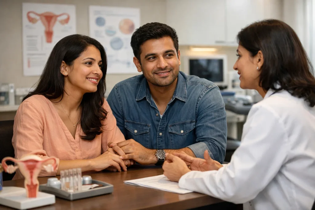 Happy couple consulting with a doctor at a registered Subhag IUI clinic