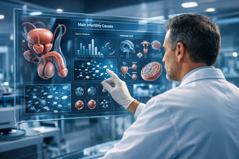 Doctor analyzing Male Infertility Causes on a digital screen in a modern IUI clinic