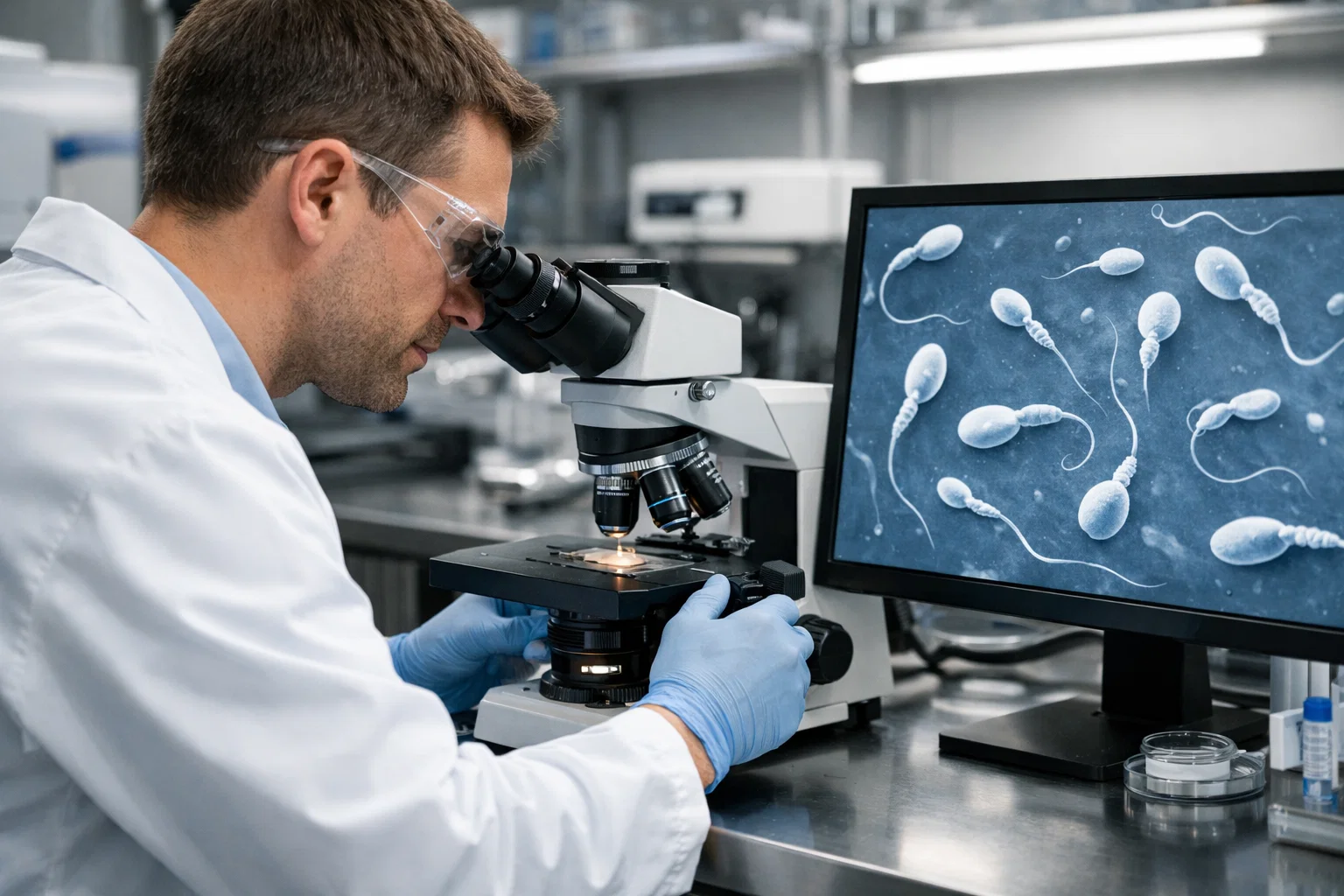 Technician analyzing sperm morphology to determine Male Infertility Causes